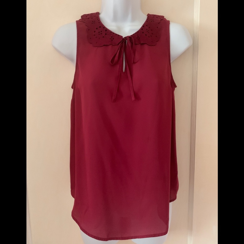 Lauren Conrad Maroon Top with Floral Suede Collar